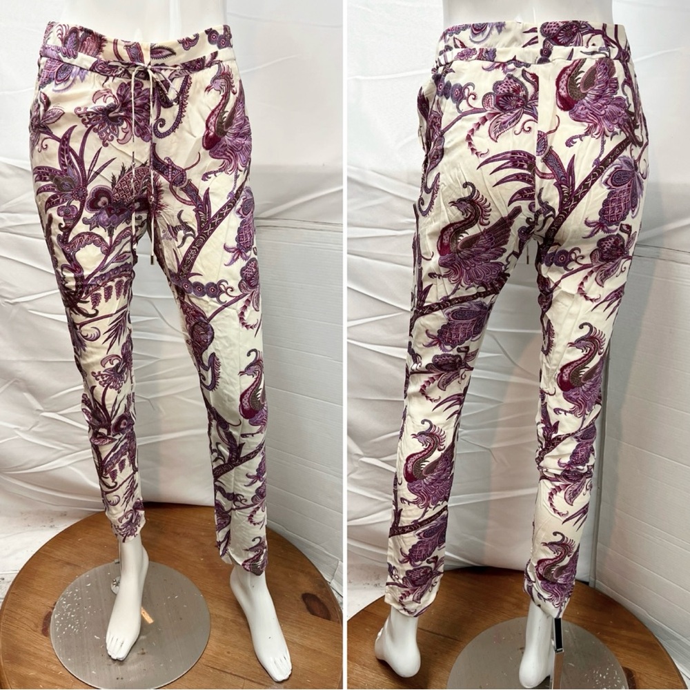 Gucci Women’s Size 38 100% Silk Paisley Bird Print Trouser Pants Ivory/Purple